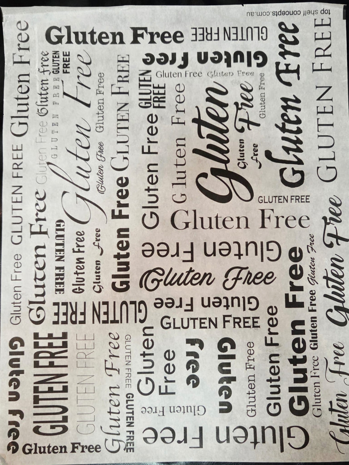 FOOD SAFE WAX/GREASEPROOF PAPER. GLUTEN FREE PRINT. 5 PACK