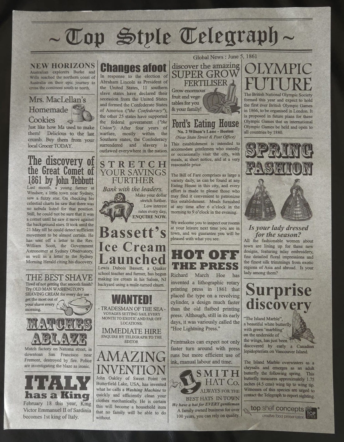 FOOD SAFE WAX/GREASEPROOF PAPER. NEWSPAPER PRINT. 5 PACK