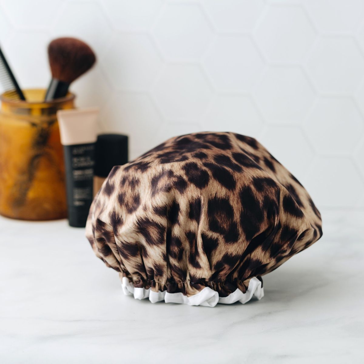MANOR ROAD SHOWER CAP. LEOPARD