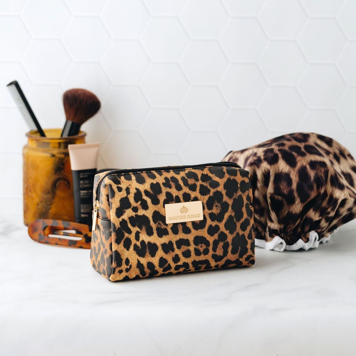 MANOR ROAD SHOWER CAP. LEOPARD