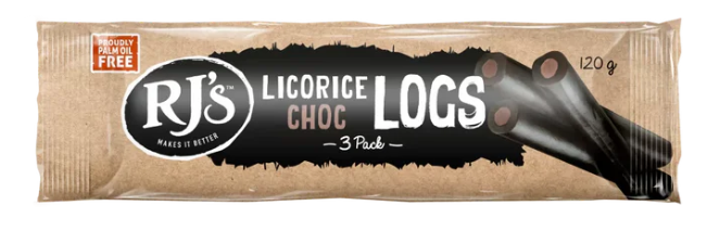RJs LICORICE LOGS. CHOCOLATE.