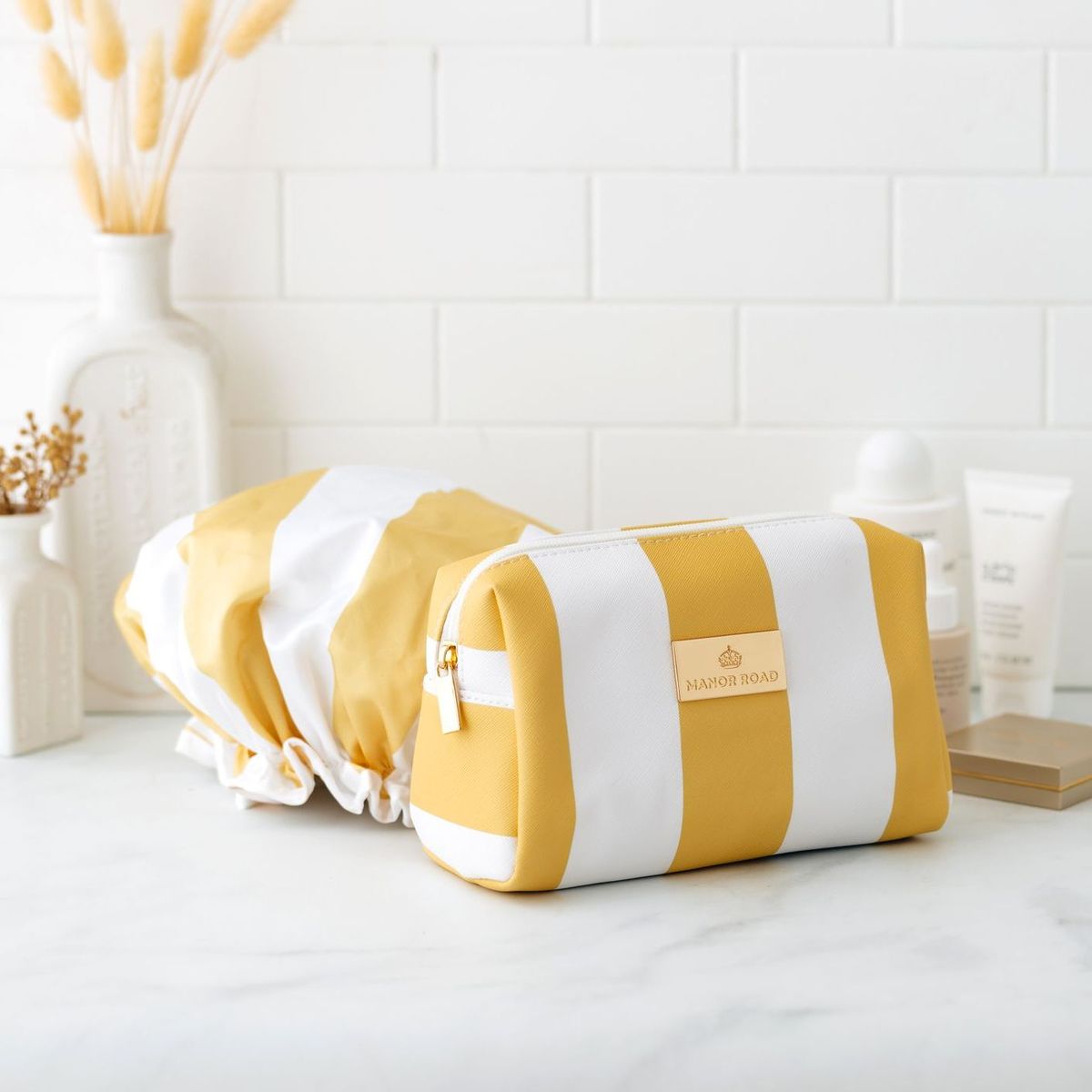 MANOR ROAD TRAVEL BAG. LEMON WHITE STRIPE. PRE-ORDER