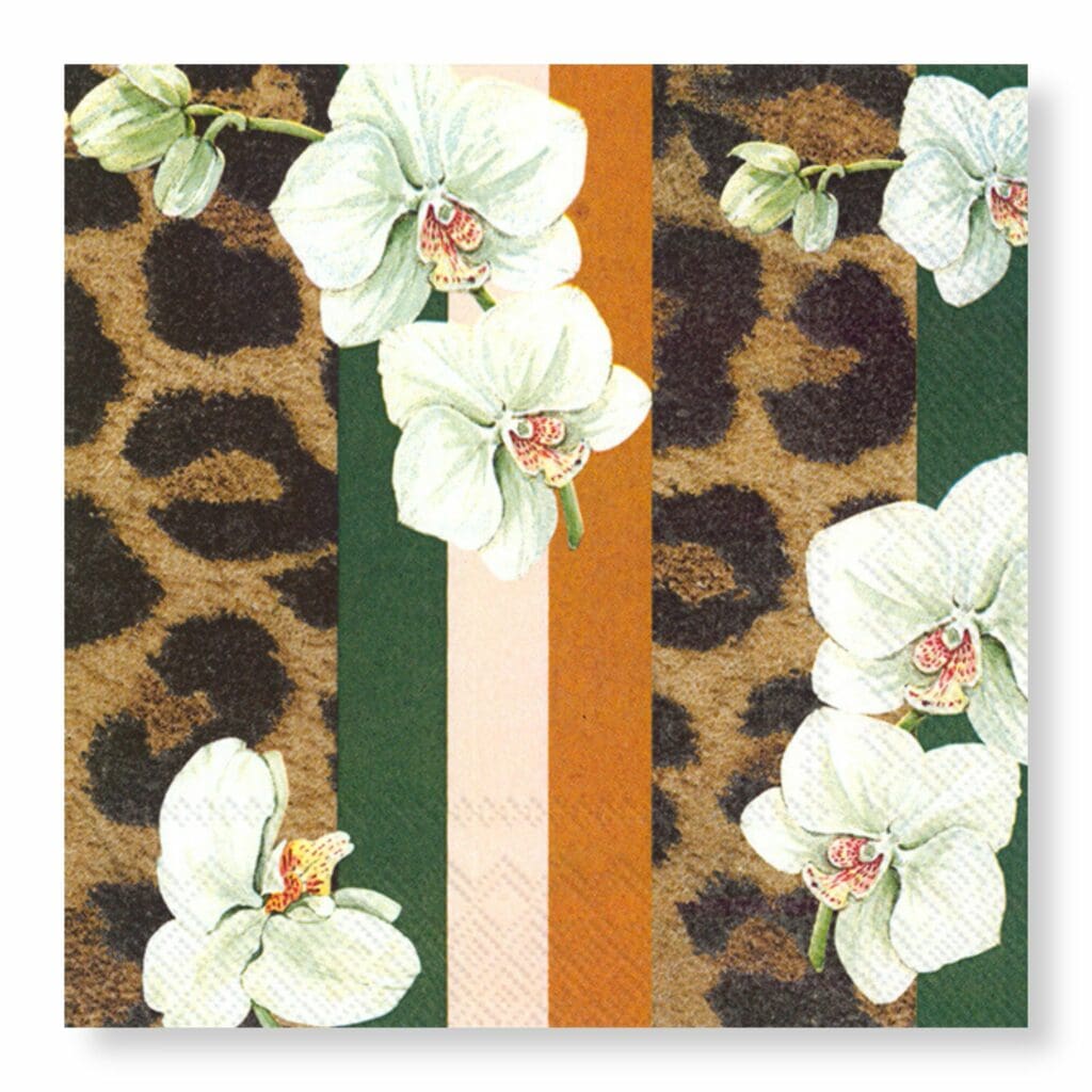 MANOR ROAD WHITE ORCHID & LEOPARD NAPKINS. LUNCHEON, COCKTAIL. 20PK. PRE-ORDER.